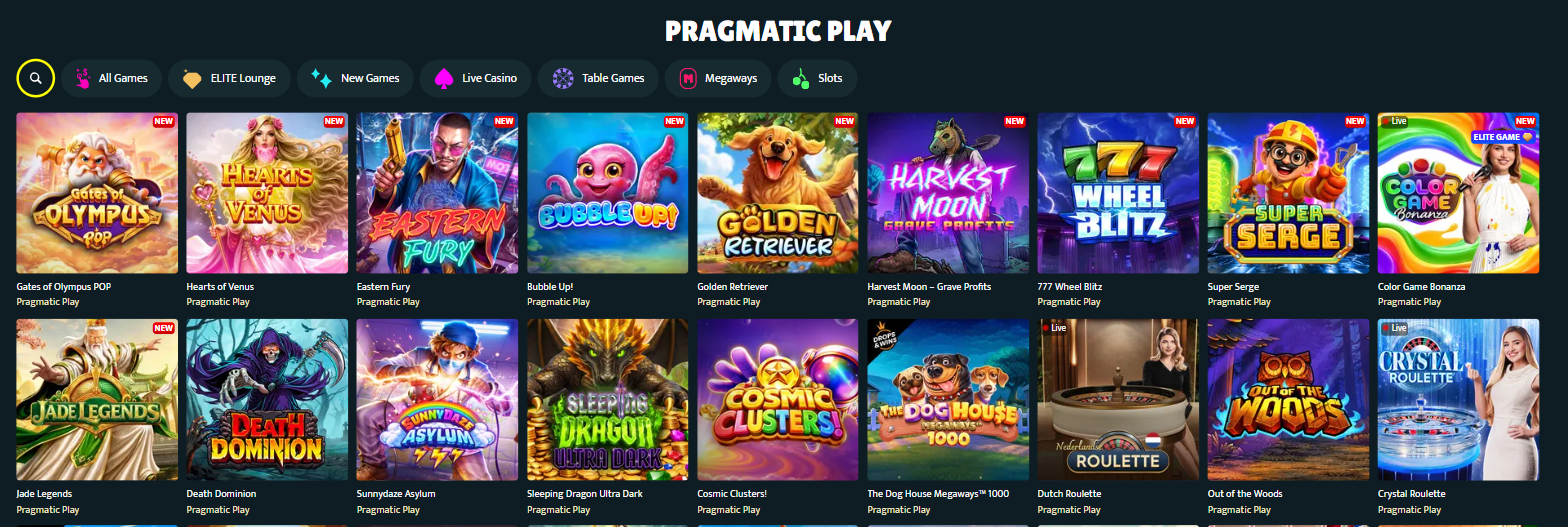 Studiosidan för Pragmatic Play hos SlotSpice med Gates of Olympus POP, Hearts of Venus och The Dog House Megaways 1000
