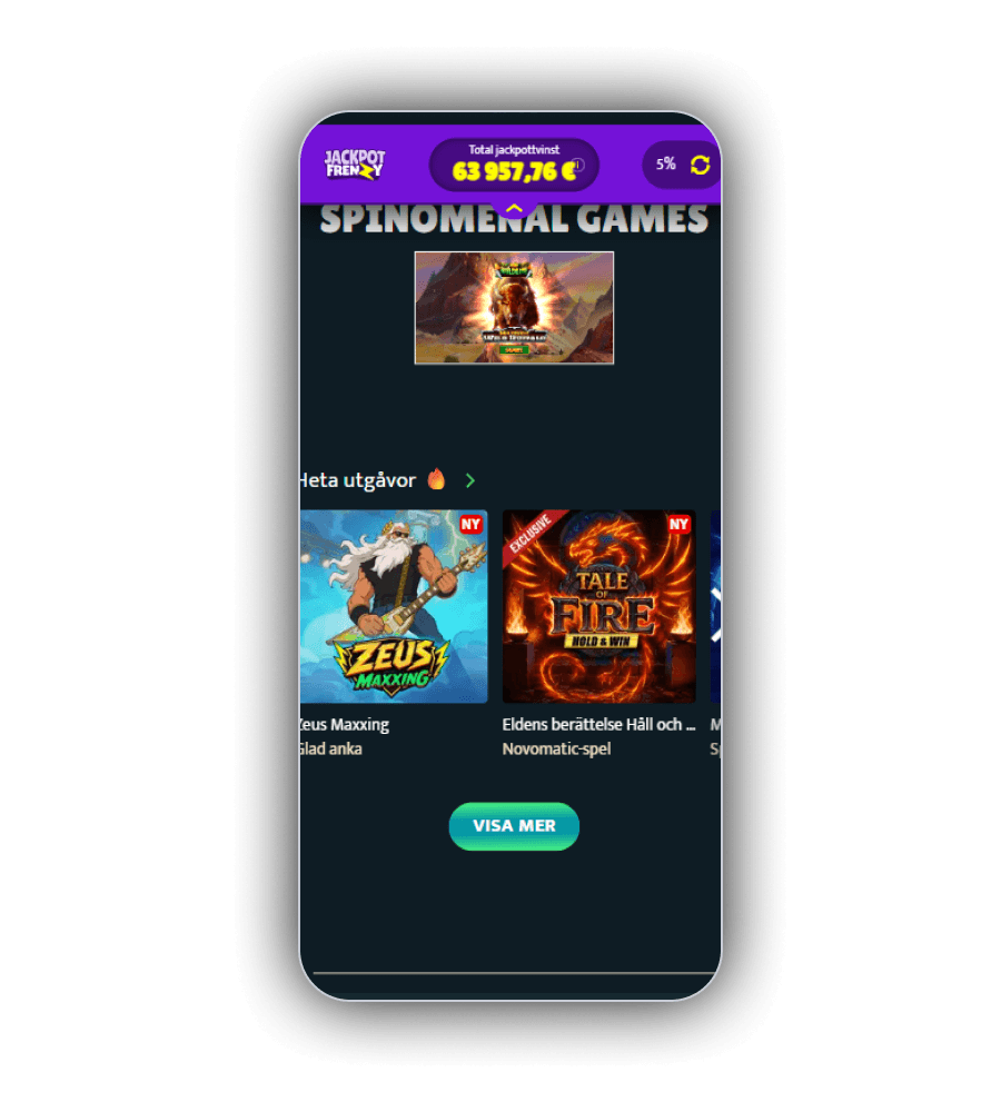 SlotSpice Casino mobil webbläsarvy med lobby och välkomstbanner